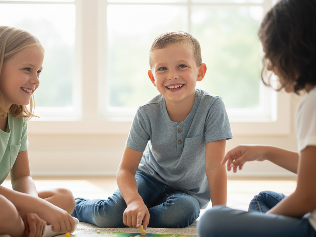 Happy children engaging in a cooperative board game, demonstrating the positive social-emotional outcomes of Upwing's evidence-based social skills training for students