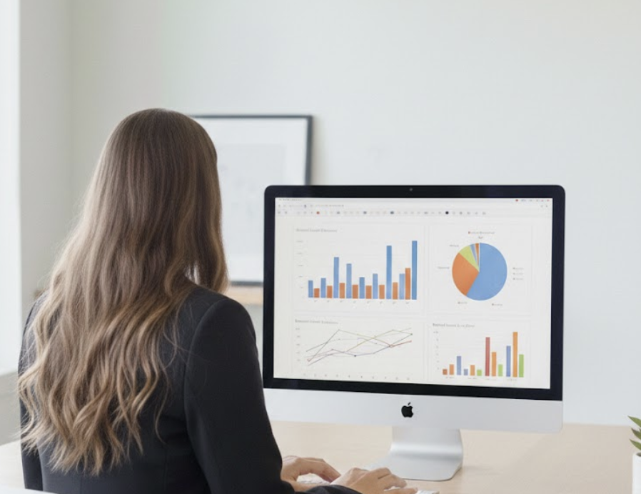 Board Certified Behavior Analyst (BCBA) reviewing a data-driven dashboard to update a personalized plan. Upwing uses progress monitoring and custom behavioral strategies to ensure positive outcomes for ADHD and ASD support.