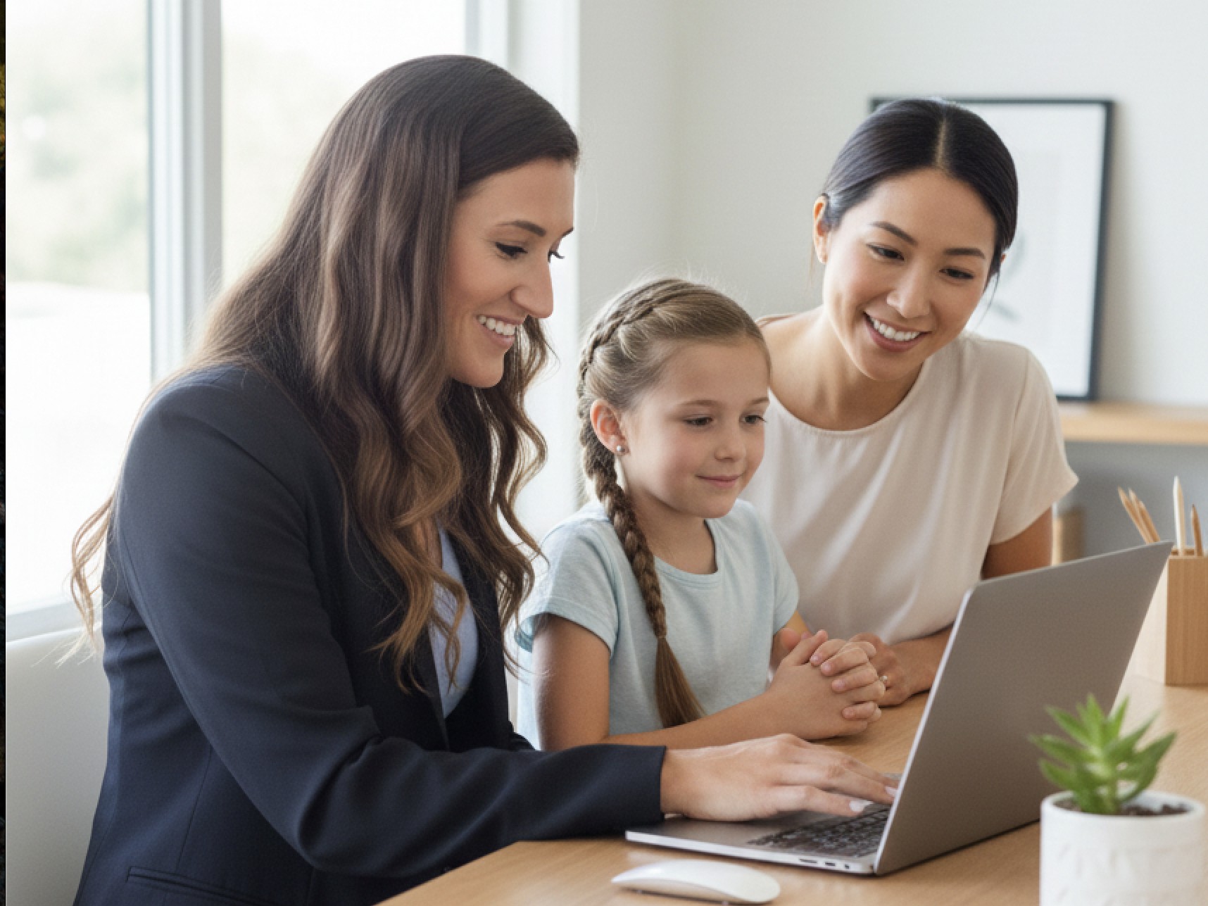 Board Certified Behavior Analyst (BCBA) providing direct behavioral support and parent coaching to a mother and daughter using a laptop in a comfortable home setting.