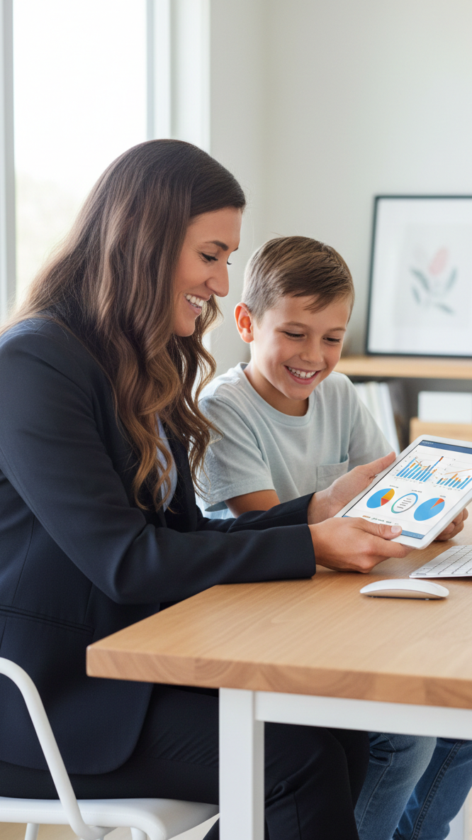Board Certified Behavior Analyst (BCBA) and child reviewing behavioral progress data on a tablet. Upwing's direct-expert model focuses on positive outcomes and functional skill-building for families.