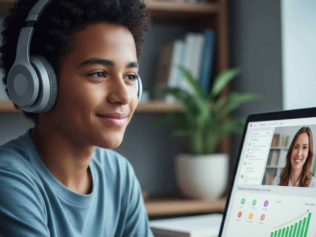 A focused student engaging in a one-on-one virtual social-emotional training session on a laptop, illustrating Upwing's personalized behavioral support for social learning and self-advocacy.