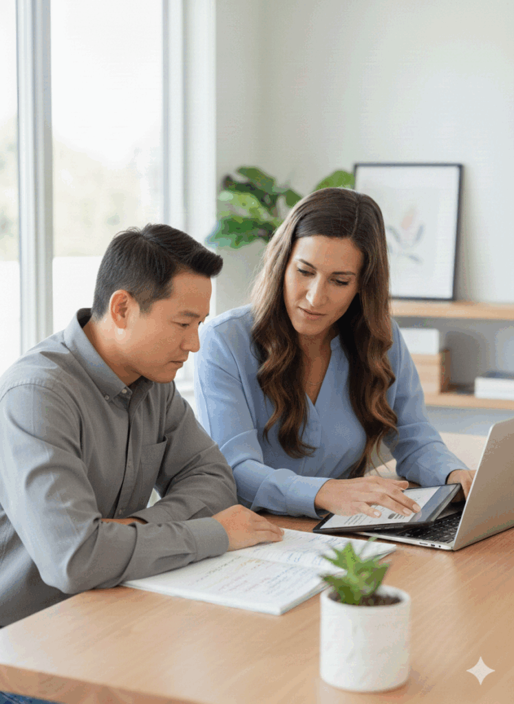 A Board Certified Behavior Analyst (BCBA) conducting a 1:1 assessment with a student while consulting with a parent. Our comprehensive evaluation includes a 90-minute assessment, a detailed report, and a collaborative parent review meeting.