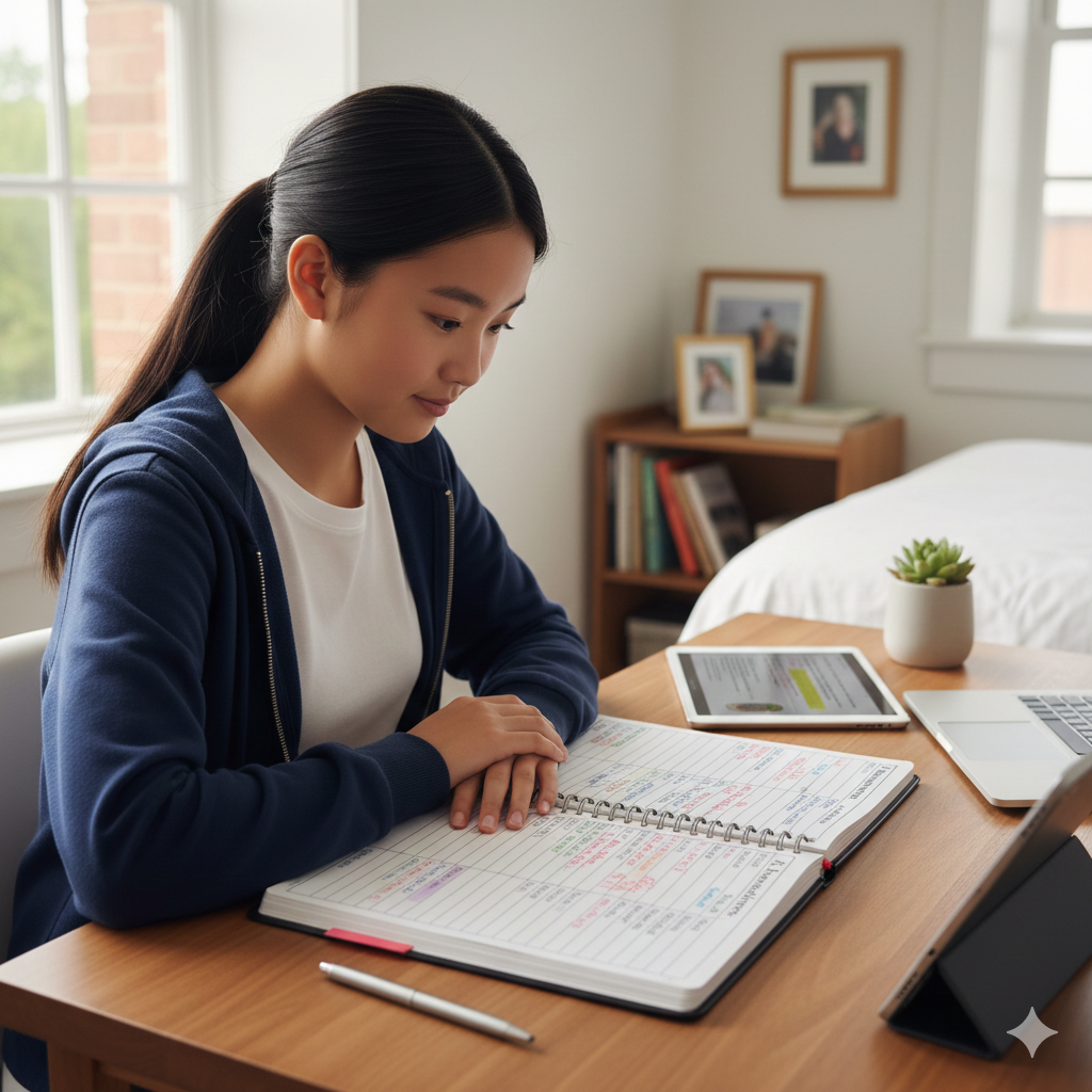 A student working confidently at a desk with a customized learning plan and organizational tools. Each Upwing client receives a personalized plan tailored to their specific evaluation results and behavioral goals for maximum independence.