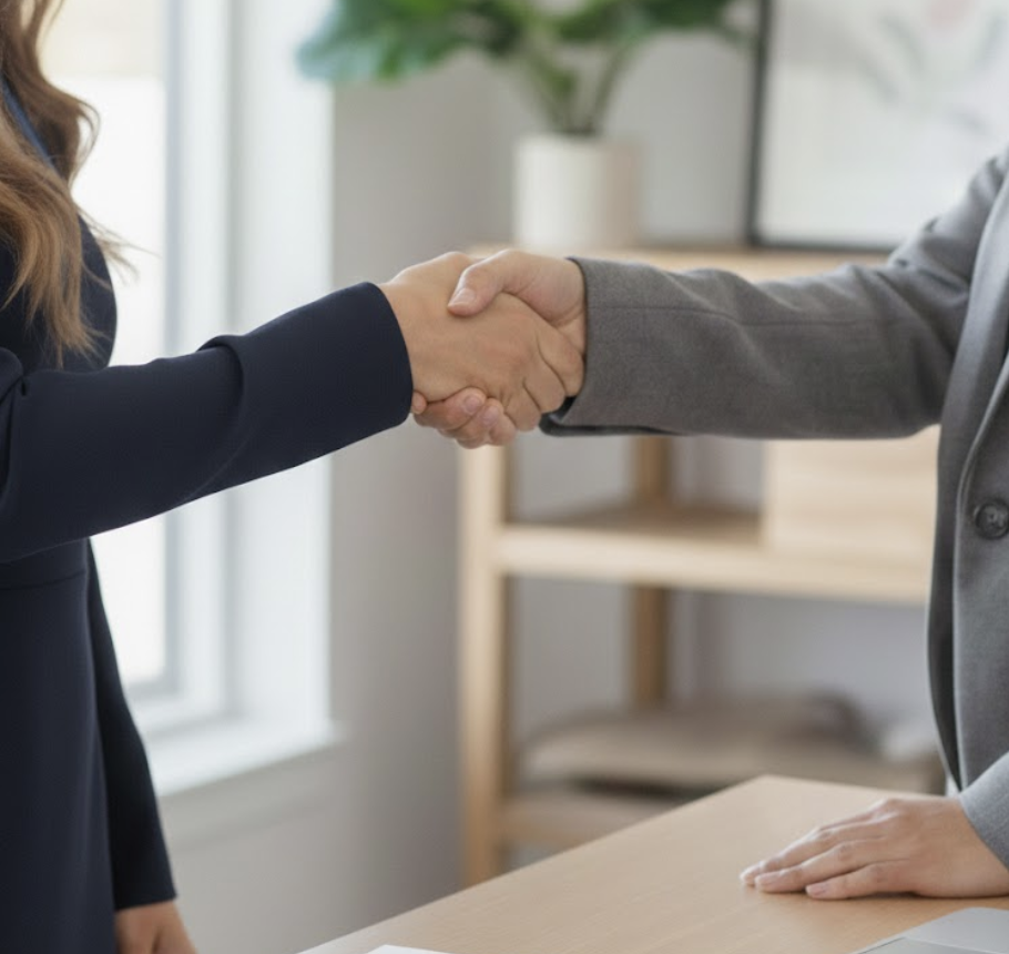 Two professionals shaking hands signifying professional collaboration across education teams. SLP, BCBA, OT