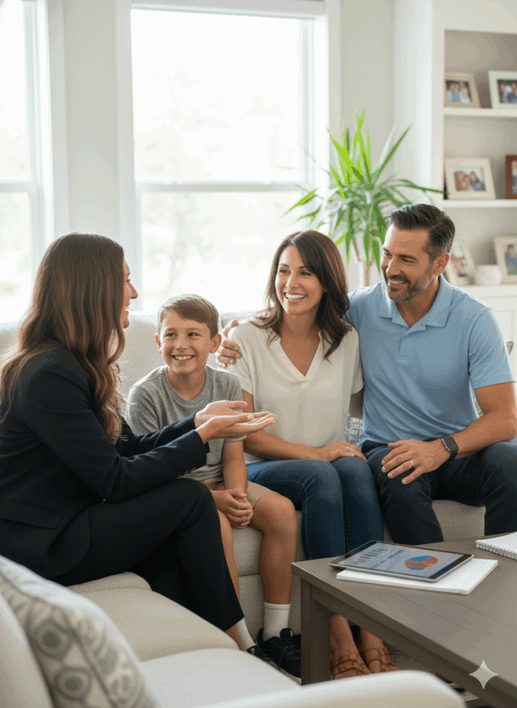 Board-certified behavior analyst providing social-emotional training and family coaching to a student and parents in a comfortable, supportive environment.