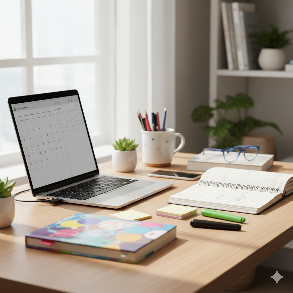 A desk well organized and prepared for studying and homework