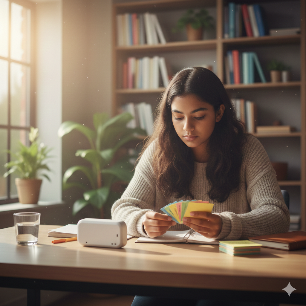 A neurodivergent student utilizing evidence-based study systems, including time-blocking and active recall, to build academic fluency and test-taking confidence.