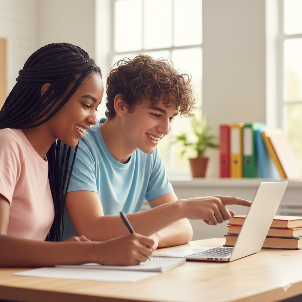 Two teenage students collaborating effectively on a school project, demonstrating successful social communication and perspective-taking skills developed through Upwing’s social-emotional training.